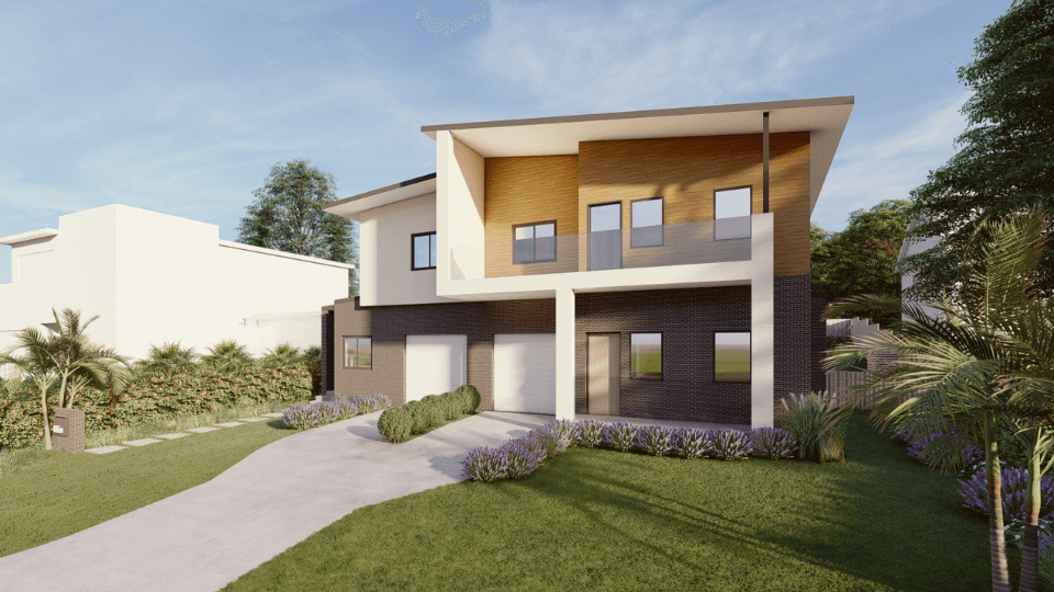 Rendered image from street view of a dual occupancy surrounded by shrubbery.