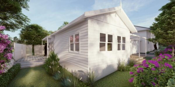 Render of small white dwelling with green surroundings