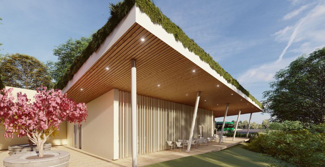 Sunlit render of Eco Tourism Case Study with pink bush in the foreground